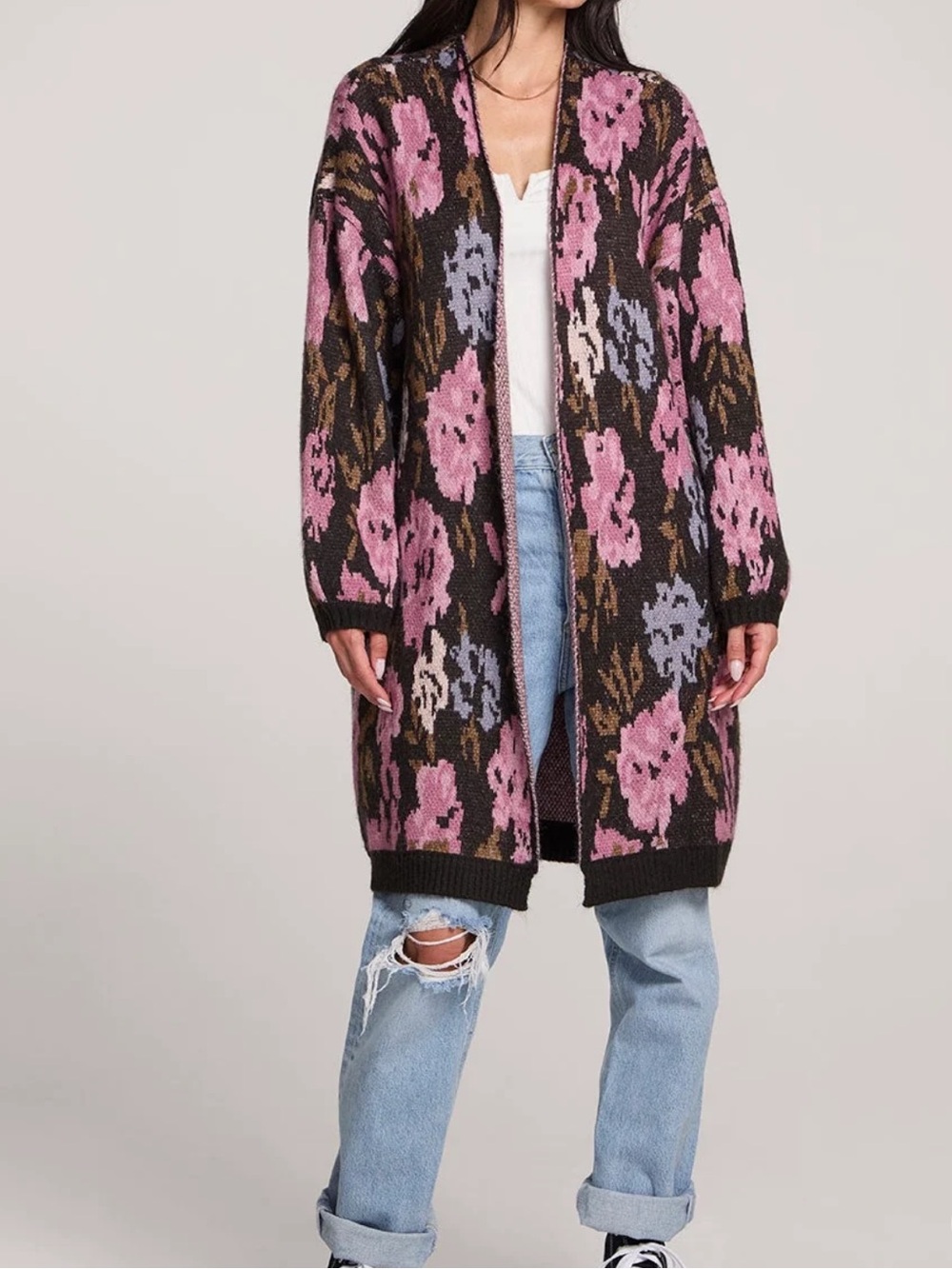Saltwater LUXE Emer Sweater Slouchy Oversized Long Open Front Floral Cozy Small